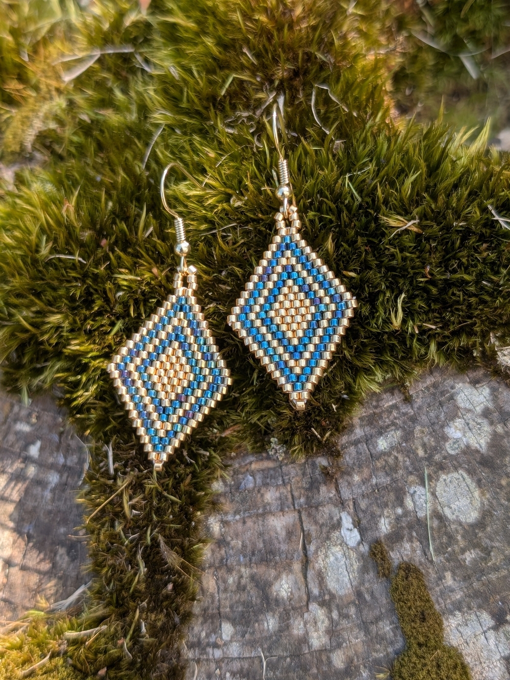 Handmade Blue and Gold Beaded Diamond Earrings